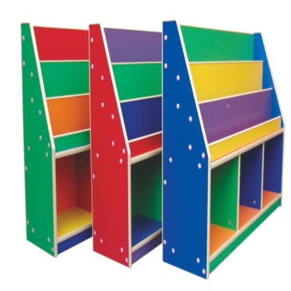 Kids wooden books and bags shelf